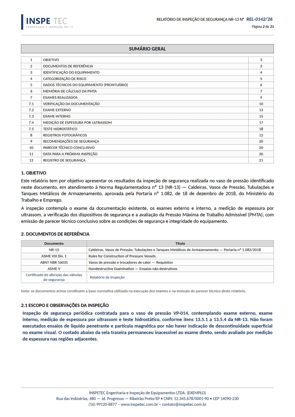 Folha do relatório NR-13: Sumário e objetivo