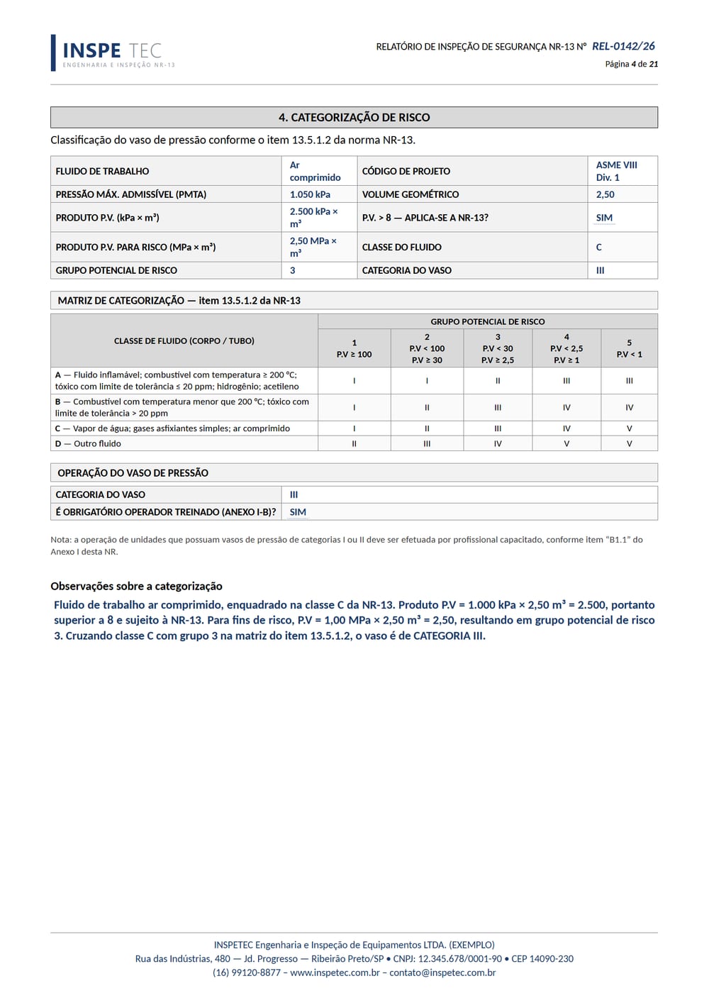 Folha do relatório NR-13: Categorização de risco