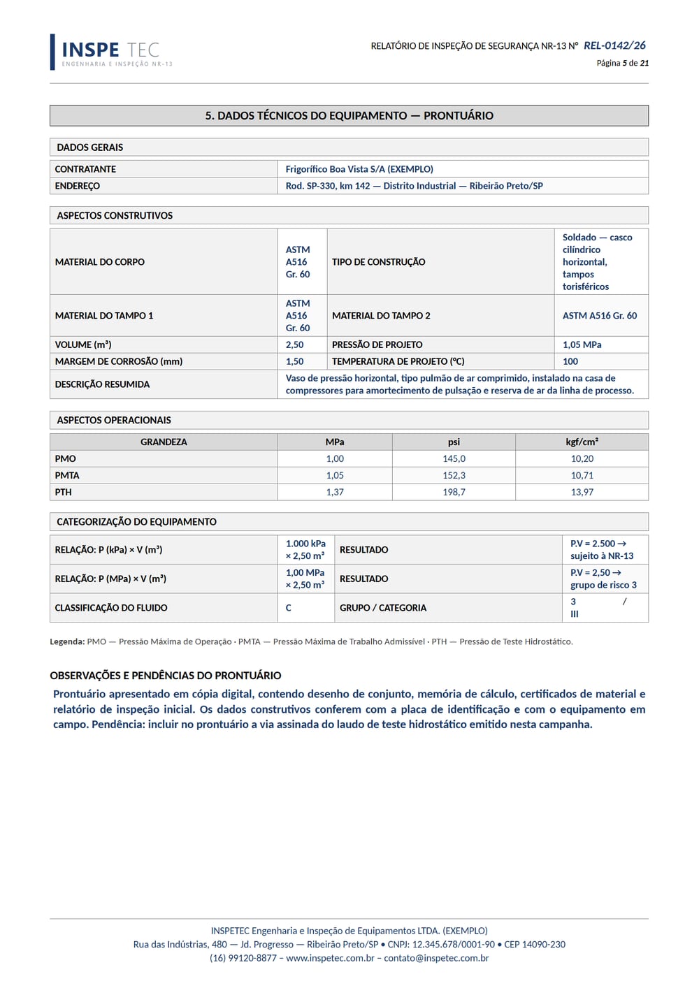 Folha do relatório NR-13: Dados técnicos — prontuário