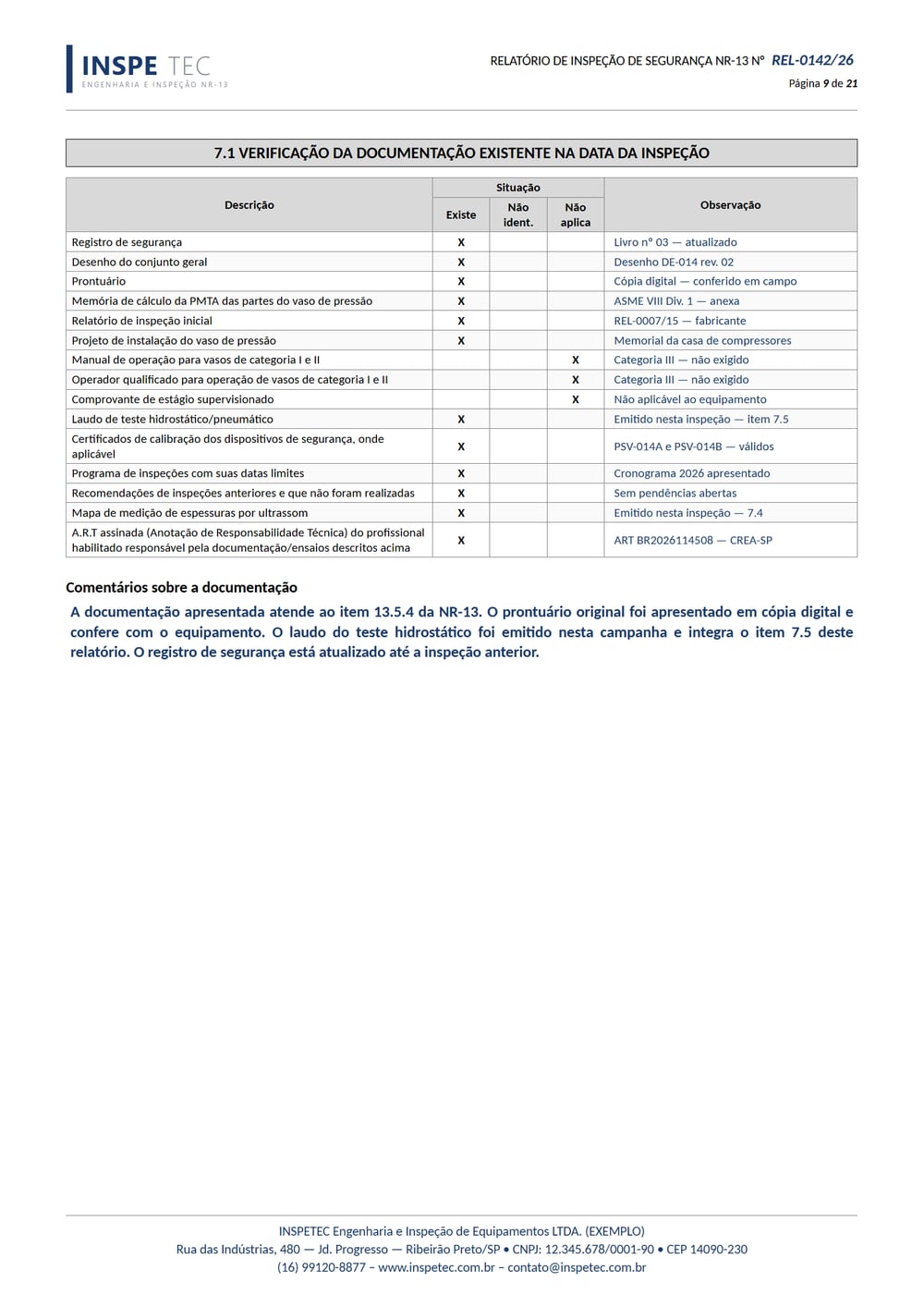 Folha do relatório NR-13: Verificação da documentação